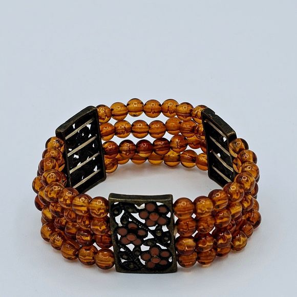 Autumn Bracelet Vintage Genuine Amber Bead Enamel Flowers Brass Filigree Stretch - Picture 7 of 10